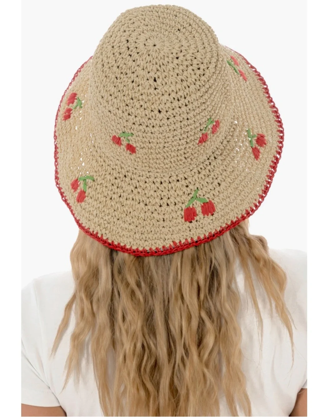 Hand-Crocheted Cherry-Accent Bucket Hat - Beige with Red Trim